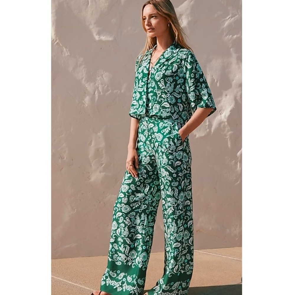 LOFT Green Floral Paisley 2‎ Piece Set Lyocell Shirt Wide Leg Pants Size Small